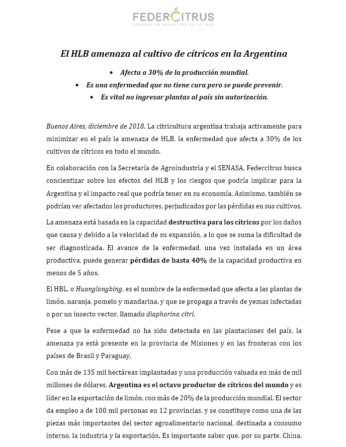 El HLB amenaza al cultivo de cítricos en la Argentina