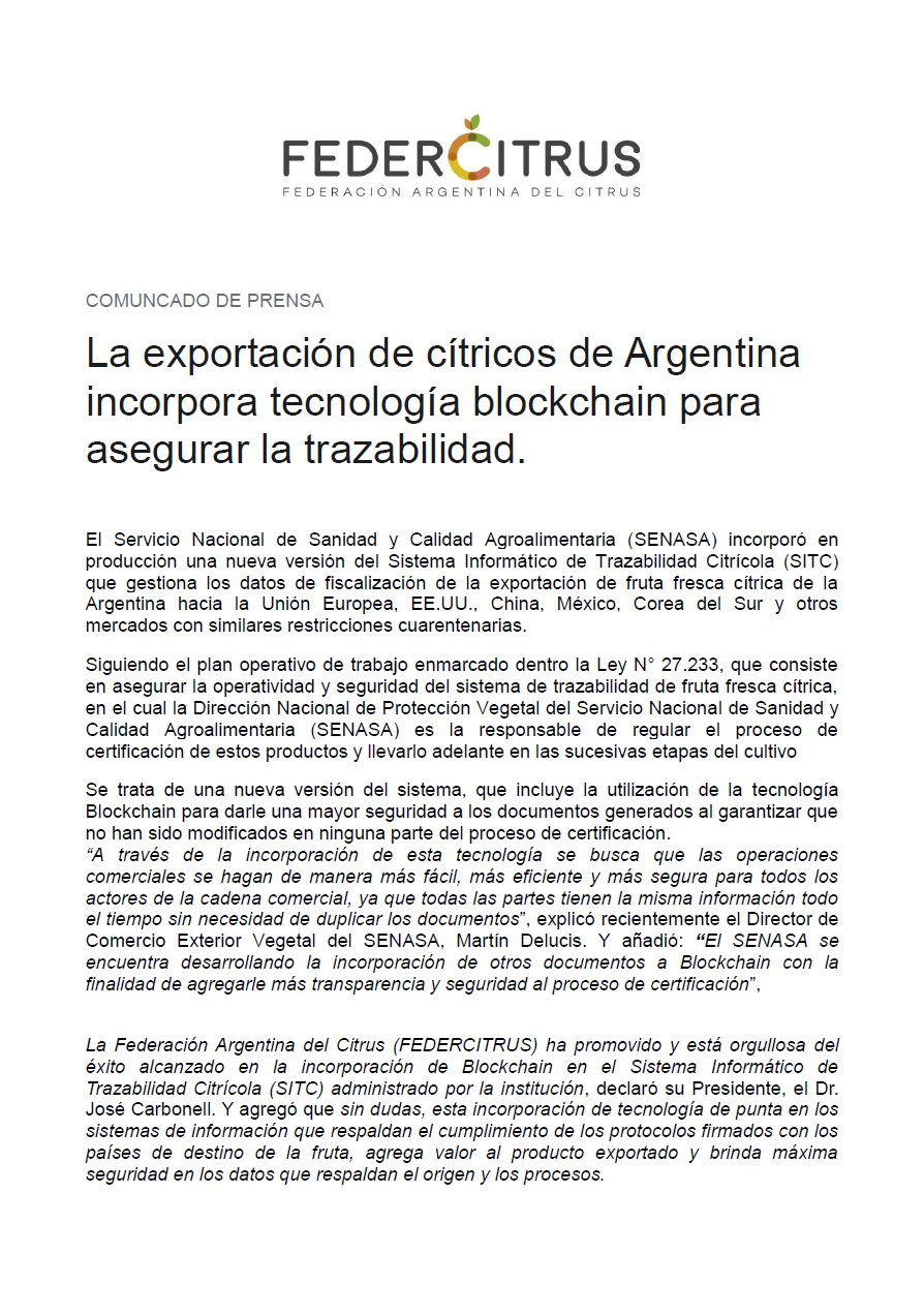 La exportación de cítricos de Argentina incorpora tecnología blockchain para asegurar la trazabilidad